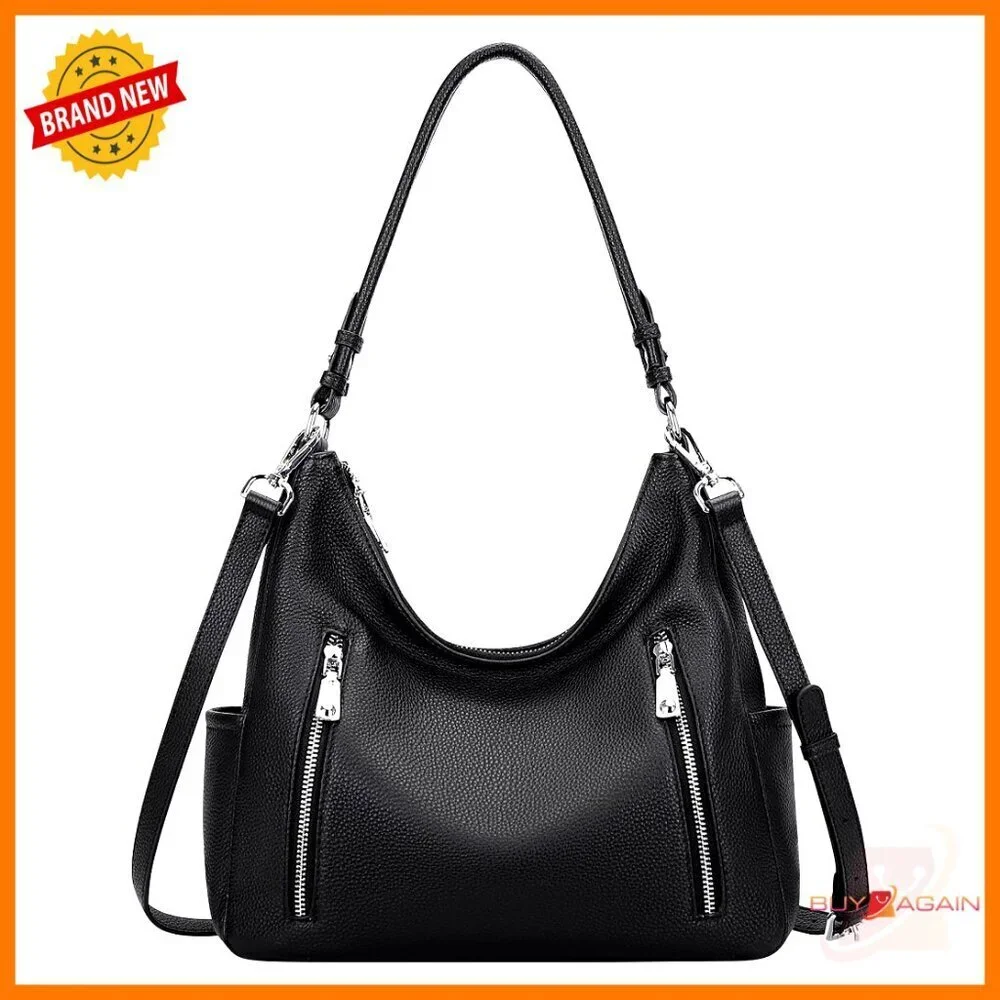 Genuine Leather Hobo Shoulder Crossbody Bag with Multiple Pockets